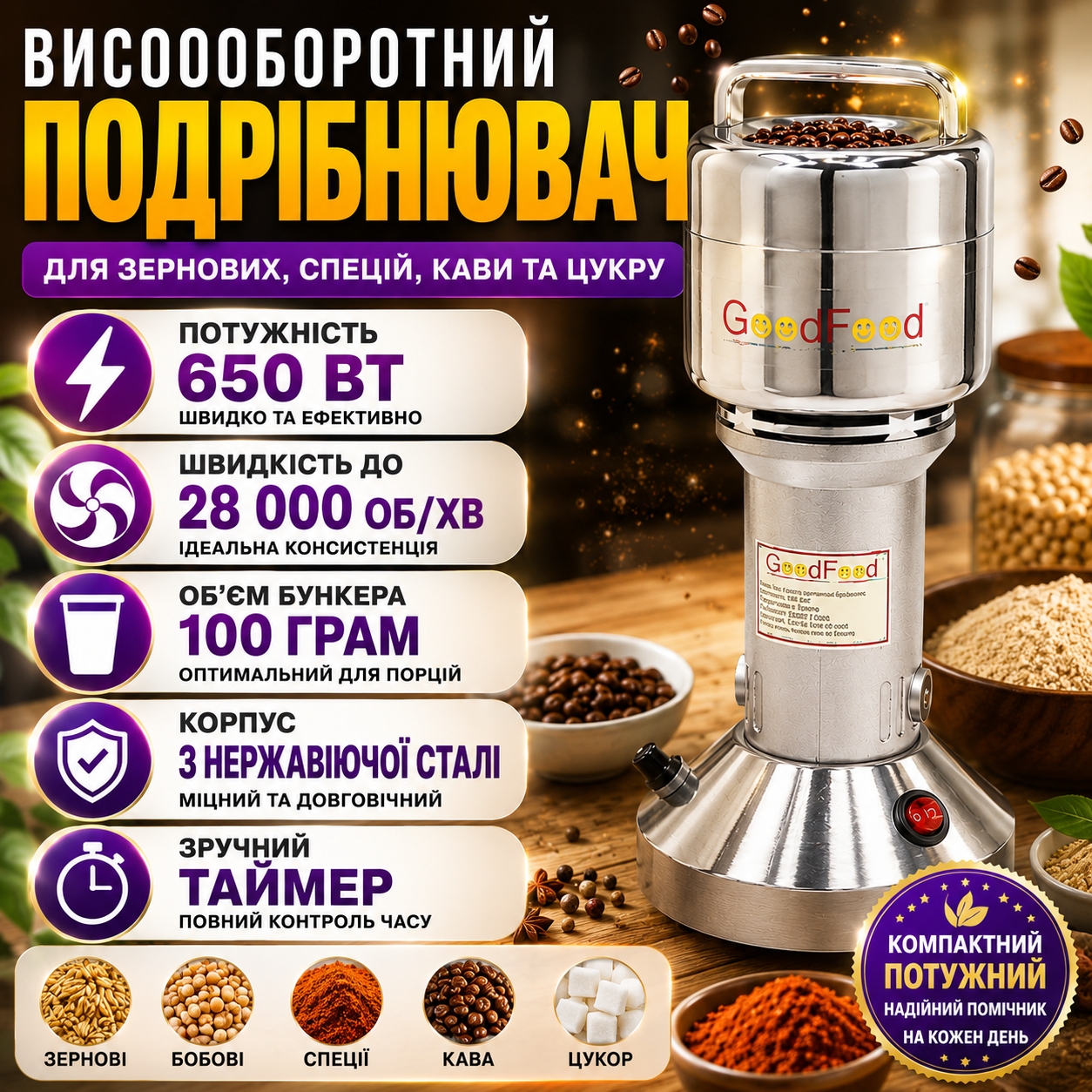 Високооборотний подрібнювач 100 г на білому фоні